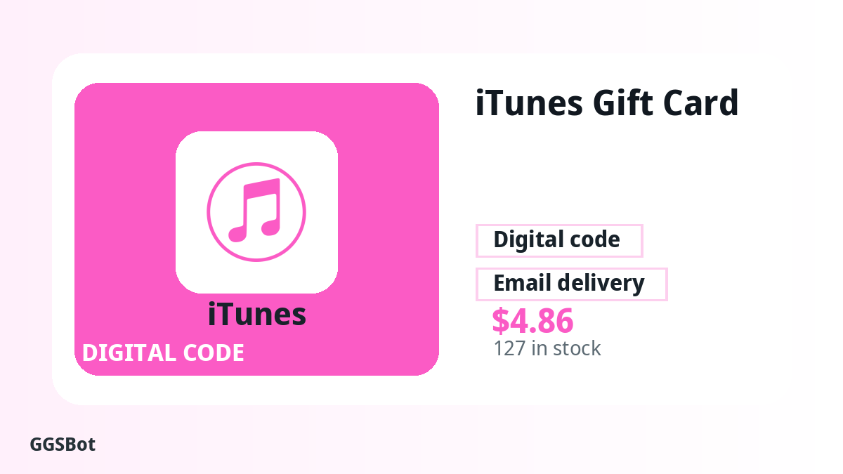 iTunes Gift Card product image with localized buying, stock, delivery and crypto checkout text