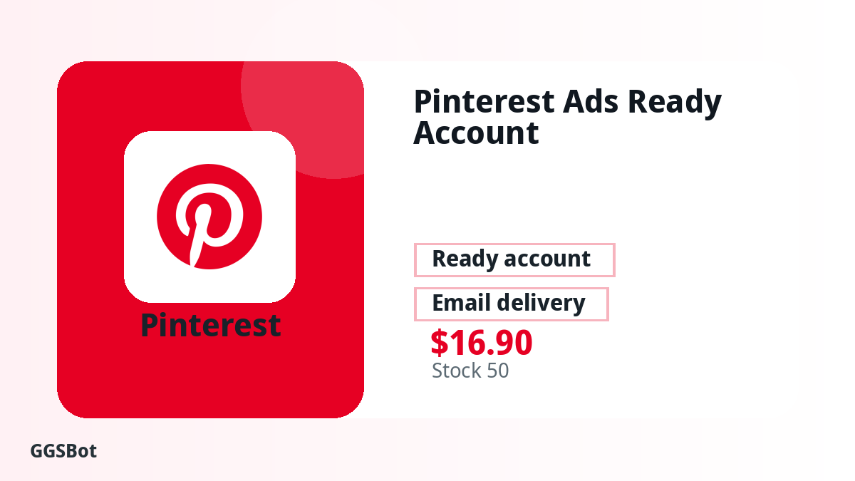 Pinterest Ads Ready Account product image with localized buying, stock, delivery and crypto checkout text